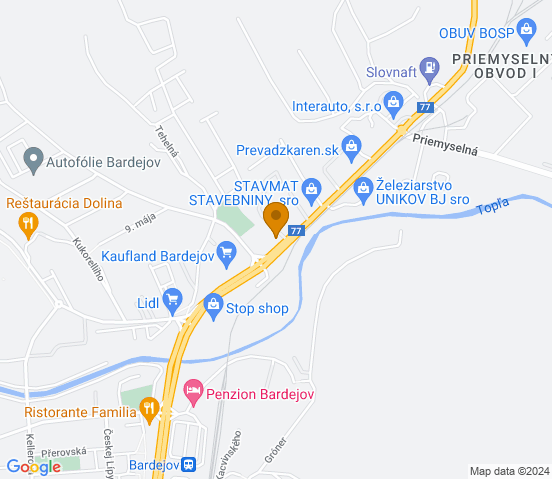 Mapa dojazdu do warsztatu samochodowego w miejscowości Bardejov