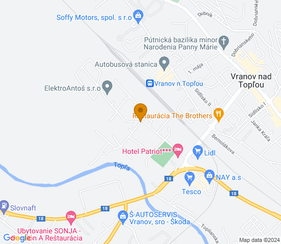 Mapa dojazdu do warsztatu samochodowego w miejscowości Vranov nad Topl
