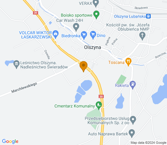 Mapa dojazdu do warsztatu samochodowego w miejscowości Olszyna