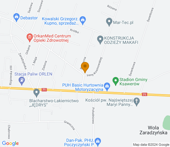 Mapa dojazdu do warsztatu samochodowego w miejscowości Ksawerów