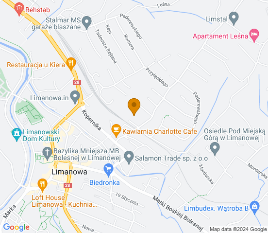 Mapa dojazdu do warsztatu samochodowego w Limanowej