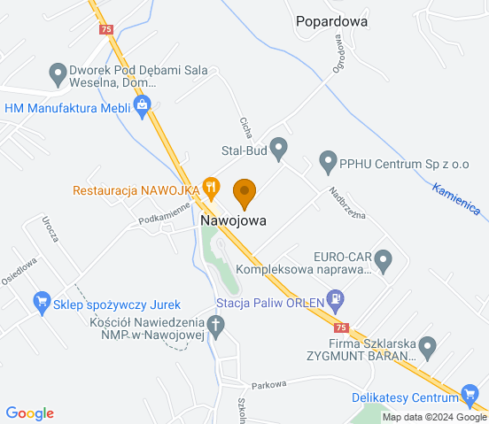 Mapa dojazdu do warsztatu samochodowego w miejscowości Nawojowa