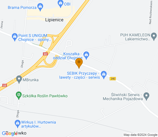 Mapa dojazdu do warsztatu samochodowego w miejscowości Pawłowo