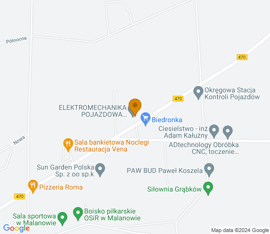 Mapa dojazdu do warsztatu samochodowego w miejscowości Malanów